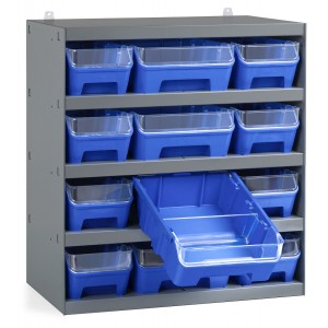 Regal mit 12 Behältern RK Box Air mit Trennwänden und Fronten, B500 x T300 x H545 mm