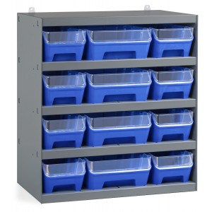 Regal mit 12 Behältern RK Box Air mit Trennwänden und Fronten, B500 x T300 x H545 mm