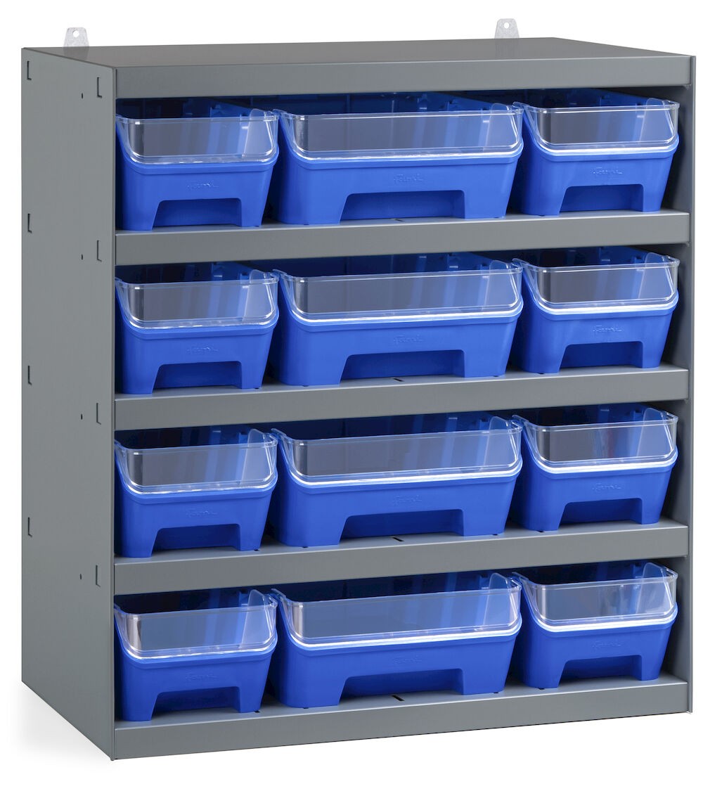 Regal mit 12 Behältern RK Box Air mit Trennwänden und Fronten, B500 x T300 x H545 mm