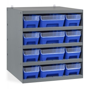 Regal mit 12 Behältern RK Box Air mit Trennwänden und Fronten, B500 x T500 x H545 mm
