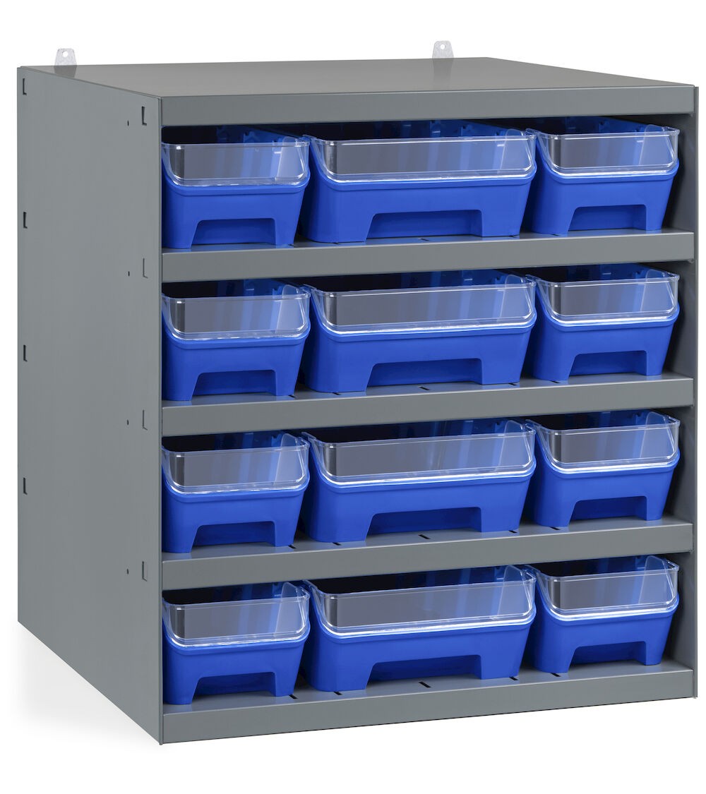 Regal mit 12 Behältern RK Box Air mit Trennwänden und Fronten, B500 x T500 x H545 mm