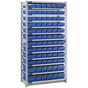 Regal mit 13 Böden und 72 Behältern RK Box Air mit Trennwänden und Fronten, B1057 x T521 x H2011 mm