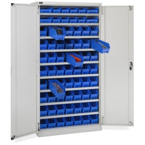 Schrank mit Flügeltüren und 68 Behältern RK Box Air, B1023 x T555 x H2000 mm, Grau