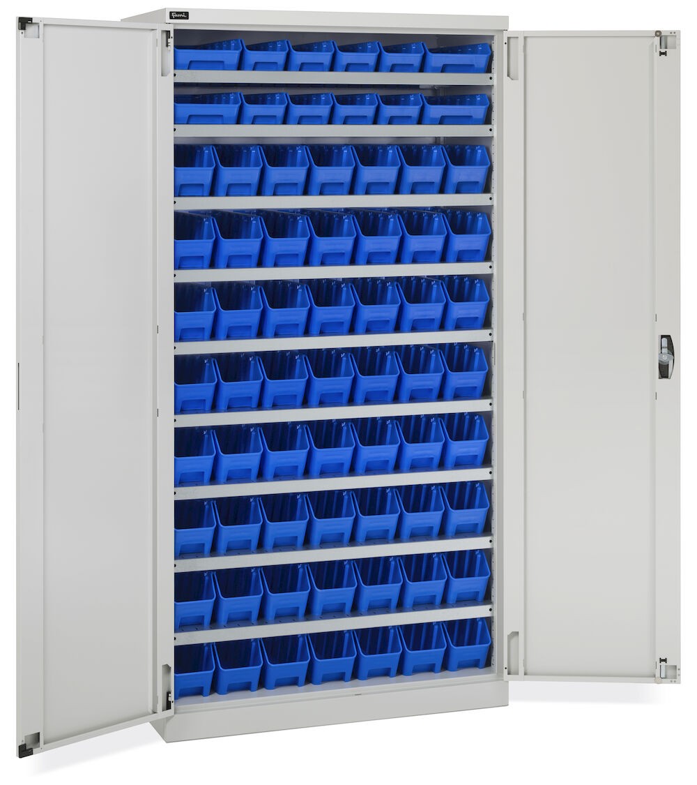 Schrank mit Flügeltüren und 68 Behältern RK Box Air, B1023 x T555 x H2000 mm, Grau
