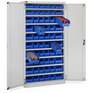 Schrank mit Flügeltüren und 60 Behältern RK Box Air, B1023 x T555 x H2000 mm, Grau