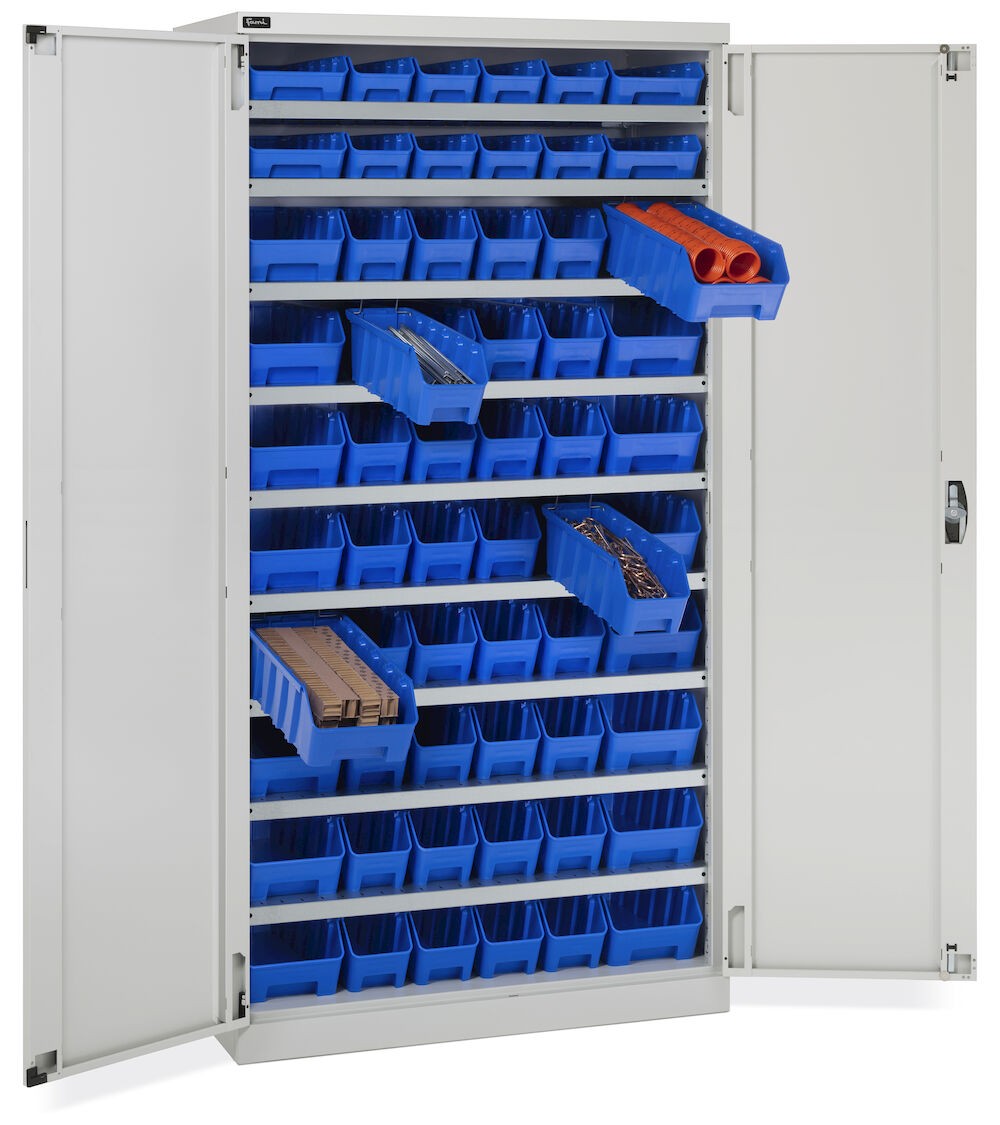 Schrank mit Flügeltüren und 60 Behältern RK Box Air, B1023 x T555 x H2000 mm, Grau