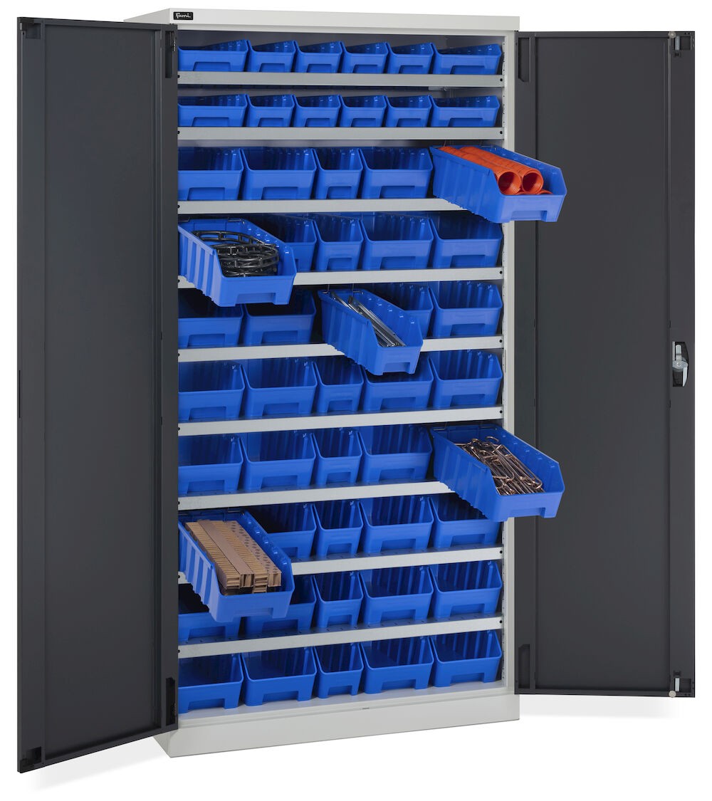 Schrank mit Flügeltüren und 52 Behältern RK Box Air, B1023 x T555 x H2000 mm, Grau und Anthrazit