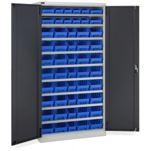 Schrank mit Flügeltüren und 52 Behältern RK Box Air, B1023 x T555 x H2000 mm, Grau und Anthrazit