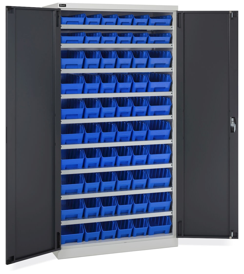 Schrank mit Flügeltüren und 60 Behältern RK Box Air, B1023 x T555 x H2000 mm, Grau und Anthrazit