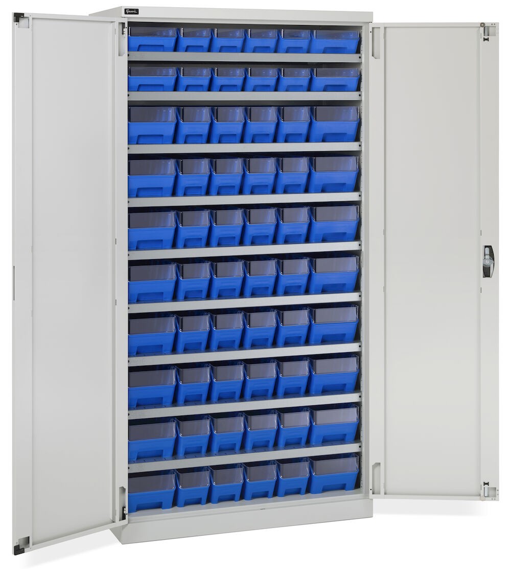 Schrank mit 60 Behältern RK Box Air mit Trennwänden und Fronten, B1023 x T555 x H2000 mm, Grau