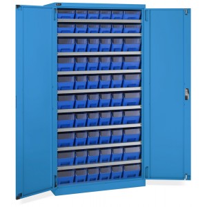Schrank mit 60 Behältern RK Box Air mit Trennwänden und Fronten, B1023 x T555 x H2000 mm, Blau