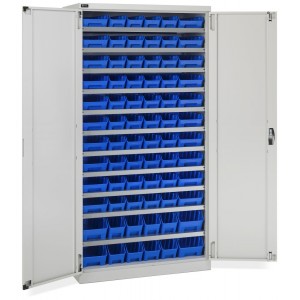 Schrank mit Flügeltüren mit 72 Behältern RK Box Air, B1023 x T555 x H2000 mm, Grau