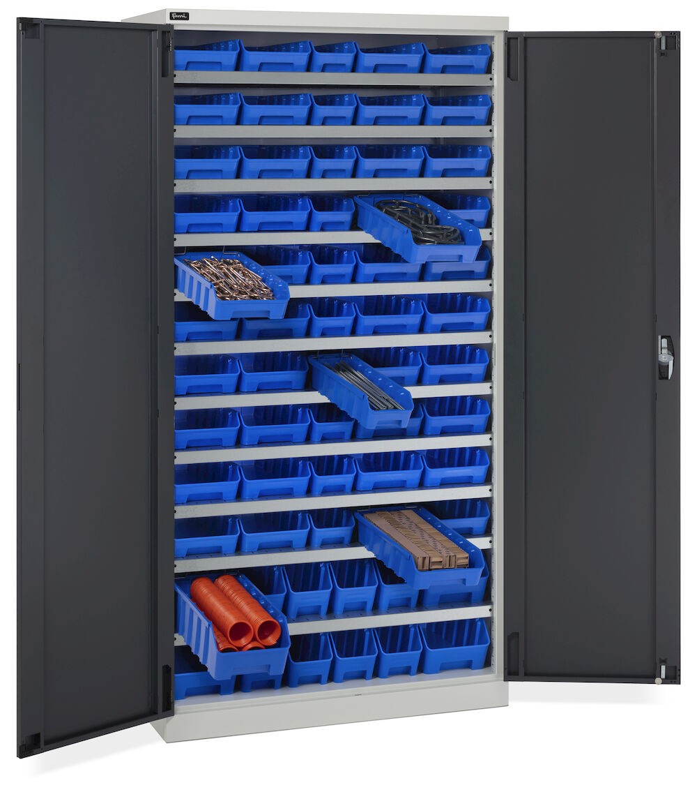 Schrank mit Flügeltüren mit 62 Behältern RK Box Air, B1023 x T555 x H2000 mm, Grau und Anthrazit