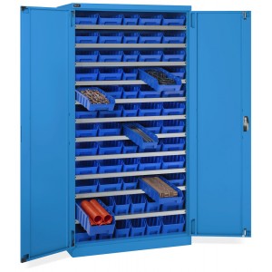Schrank mit Flügeltüren mit 62 Behältern RK Box Air, B1023 x T555 x H2000 mm, Blau