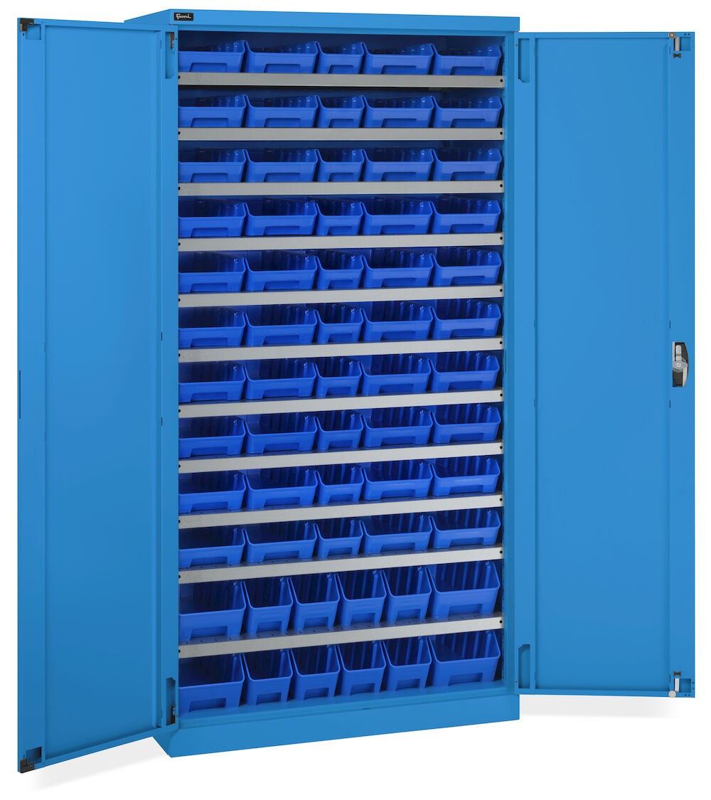 Schrank mit Flügeltüren mit 62 Behältern RK Box Air, B1023 x T555 x H2000 mm, Blau