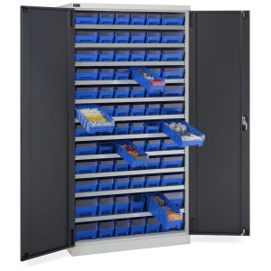 Schrank mit 72 Behältern RK Box Air mit Trennwänden und Fronten, B1023 x T555 x H2000 mm, Grau und Anthrazit