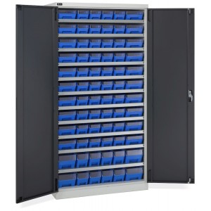 Schrank mit 72 Behältern RK Box Air mit Trennwänden und Fronten, B1023 x T555 x H2000 mm, Grau und Anthrazit