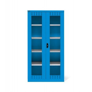 Metallschrank mit 2 Flügeltüren aus Polycarbonat, 4 Fachböden, Blau