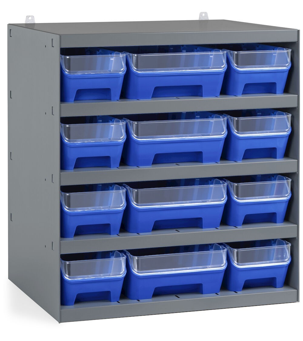Scaffale con 12 contenitori RK Box Air con divisori e frontalini, L500 x P400 x H545 mm