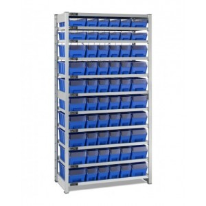 Scaffale con 11 piani e 60 contenitori RK Box Air con divisori e frontalini, L1057 x P521 x H2011 mm