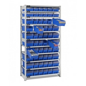 Scaffale con 11 piani e 60 contenitori RK Box Air con divisori e frontalini, L1057 x P521 x H2011 mm