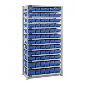 Scaffale con 13 piani e 72 contenitori RK Box Air con divisori e frontalini, L1057 x P521 x H2011 mm