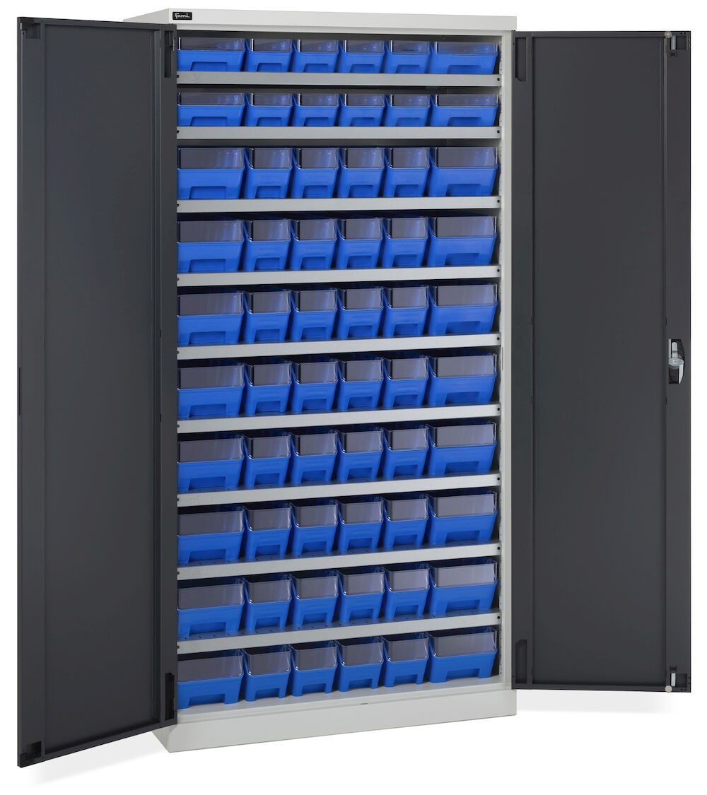 Armadio con 60 contenitori RK Box Air con divisori e frontalini, L1023 x P555 x H2000 mm, grigio e antracite