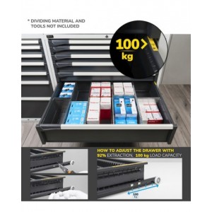 Armadio portautensili con porte a 7 cassetti, 3 piani regolabili, L1020 x P573 x H2000 mm