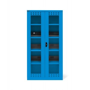 Akkuladeschrank mit Sichtfenster-Flügeltüren, 4 Lochböden/-platten, Blau