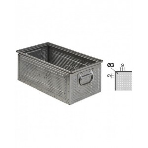 Cassetta in acciaio inox forata con maniglie, mis. 272-4, ⌀ foro 3 mm,  L480 x P315 x H200 mm