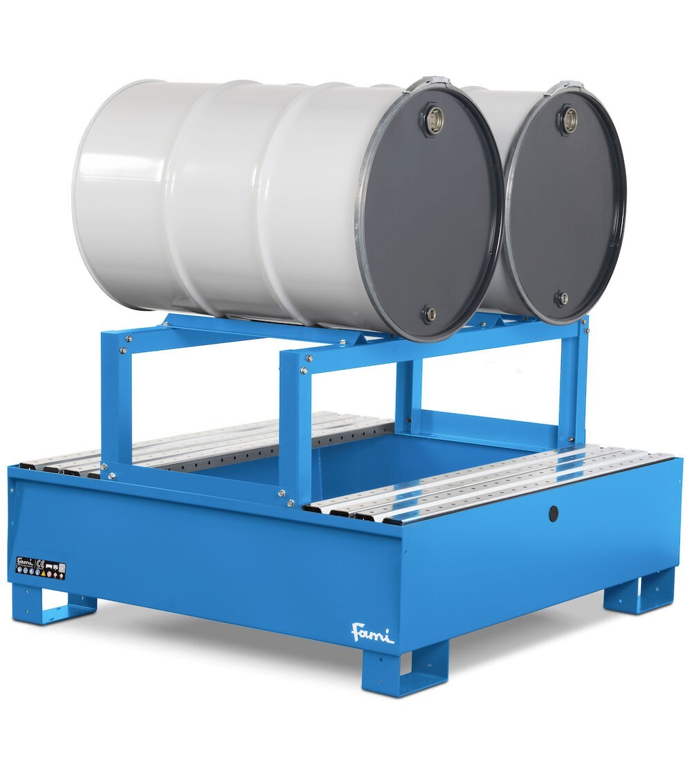 Vasca di raccolta capacità 300 Lt con porta fusti, blu