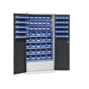 Schrank mit Flügeltüren, 5 Fachböden, 1 Lochboden/-platte, 3 Schubladen, Behälter, B1023 x T555 x H2000 mm, PERFOM14016