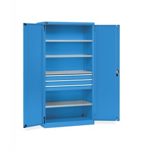 Höhenverstellbare Werkbank Work Up mit Wandsystem, 4 Schubladen und 1 Schrank mit Tür, WORK1525, blau