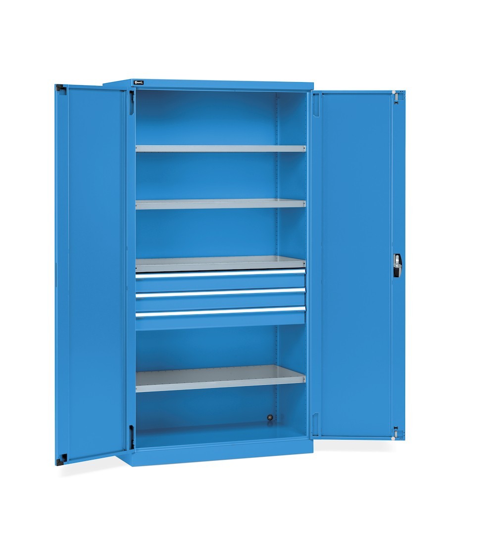 Höhenverstellbare Werkbank Work Up mit Wandsystem, 4 Schubladen und 1 Schrank mit Tür, WORK1525, blau