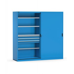Metallschrank mit 2 Schiebetüren, Schubladen und Fachböden, B2040 x T600 x H2000 mm, PERFOM21012